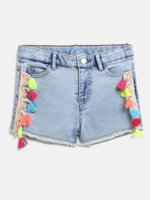 

Nauti Nati Girls Blue Washed Regular Fit Denim Shorts with Tasselled Detail