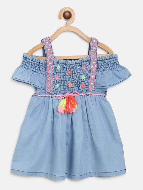 

Nauti Nati Girls Blue Chambray Solid A-Line Dress with Embroidered Detail