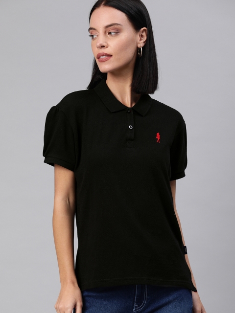 

Zalza Women Black Solid Polo Collar T-shirt