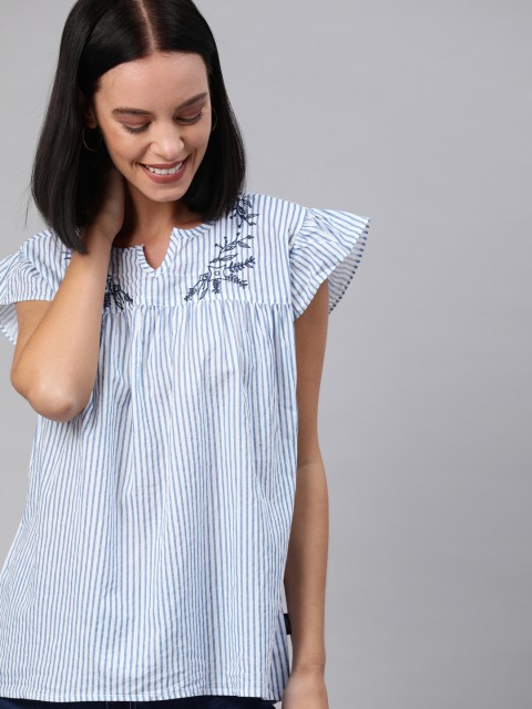 

Zalza Women White & Blue Striped A-Line Top with Thread Work