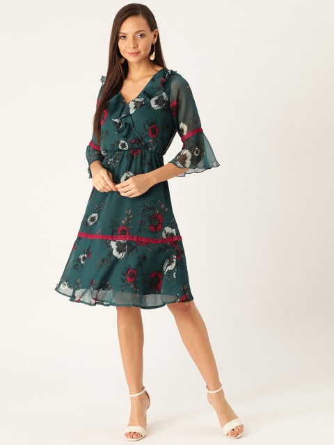 

Antheaa Women Teal Blue & Red Floral Print Wrap Dress