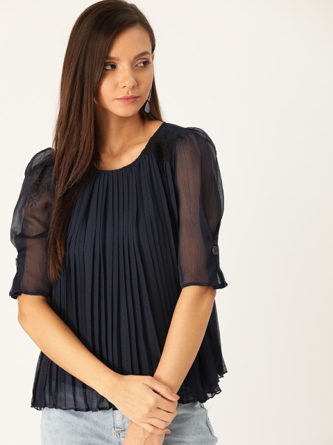 

Antheaa Women Navy Blue Solid Lace Accordion Pleated Top