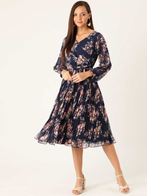 

Antheaa Women Navy Blue & Pink Floral Print Accordion Pleats Wrap Dress