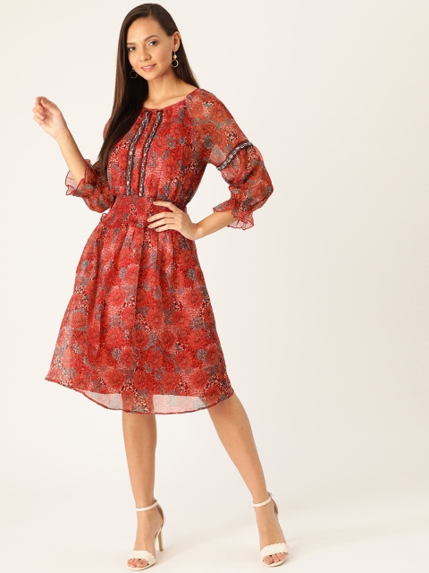 

Antheaa Women Red & Blue Floral Print Fit & Flare Dress
