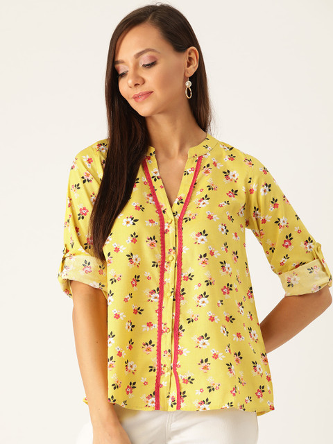 

Antheaa Women Yellow & Red Floral Print Shirt Style Pure Cotton Top