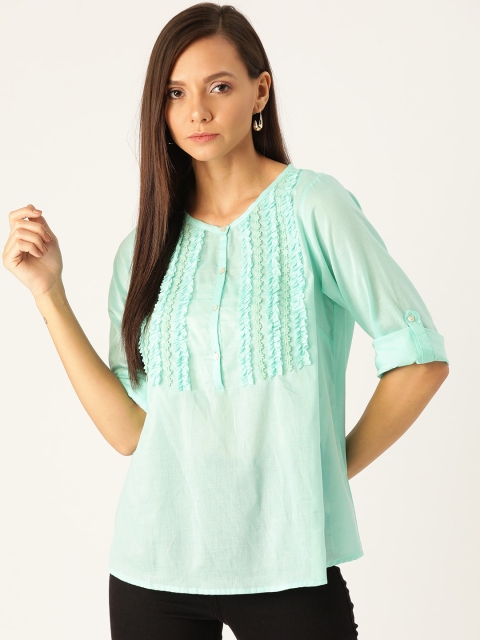 

Antheaa Women Sea Green Solid A-Line Pure Cotton Top