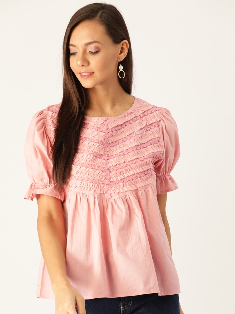 

Antheaa Women Pink Lace Embroidered Ruffled A-Line Pure Cotton Top