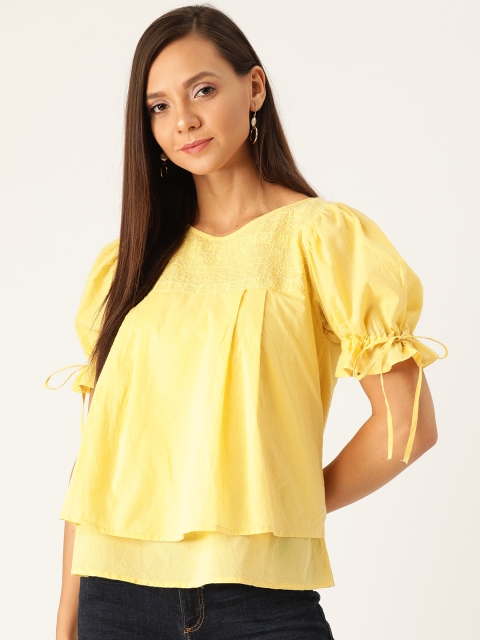 

Antheaa Women Yellow Solid Layered A-Line Pure Cotton Top