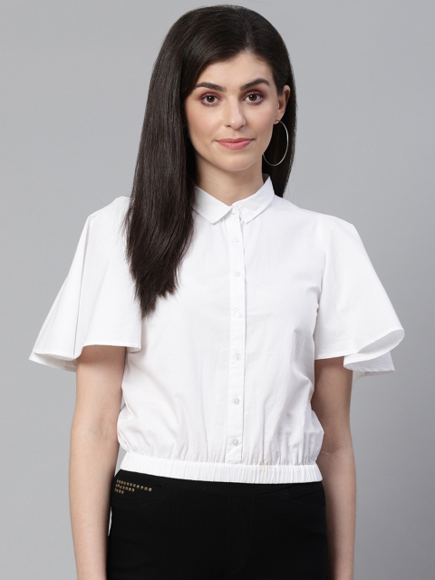 

STREET 9 Women White Solid Shirt Style Pure Cotton Top