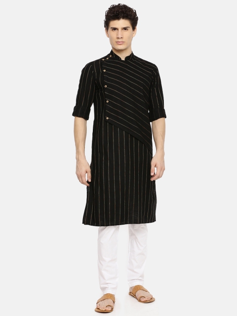 

Freehand Men Black & Gold-Coloured Striped A-Line Kurta