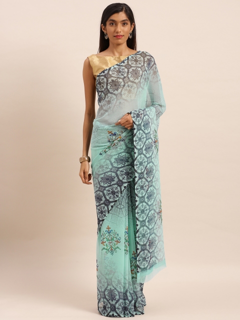 

KALINI Turquoise Blue & Grey Pure Chiffon Printed Saree