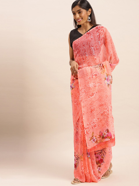 

KALINI Peach-Coloured Floral Printed Pure Georgette Saree