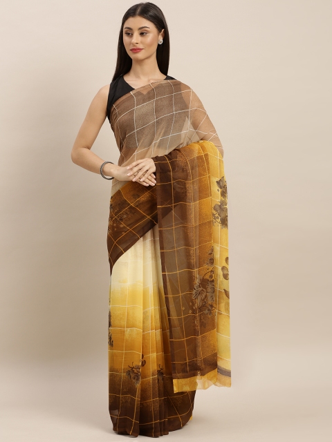 

KALINI Yellow & Brown Pure Chiffon Checked Saree