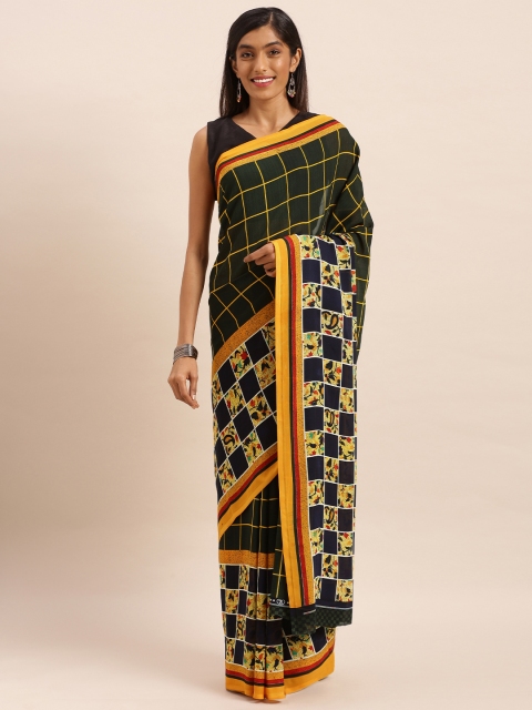 

KALINI Green & Orange Pure Georgette Checked Saree