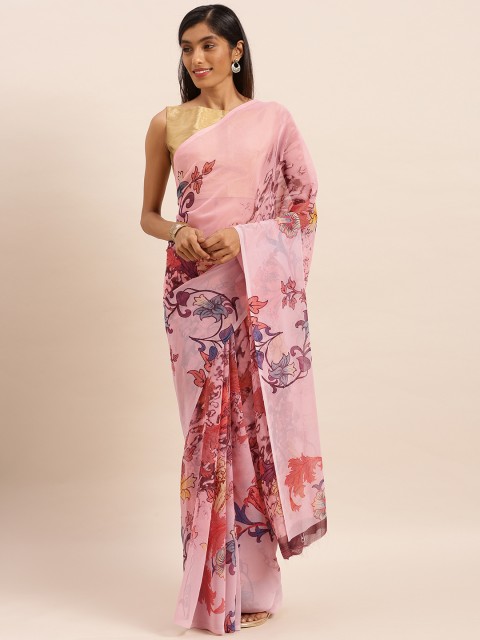

KALINI Pink & Red Pure Chiffon Floral Printed Saree