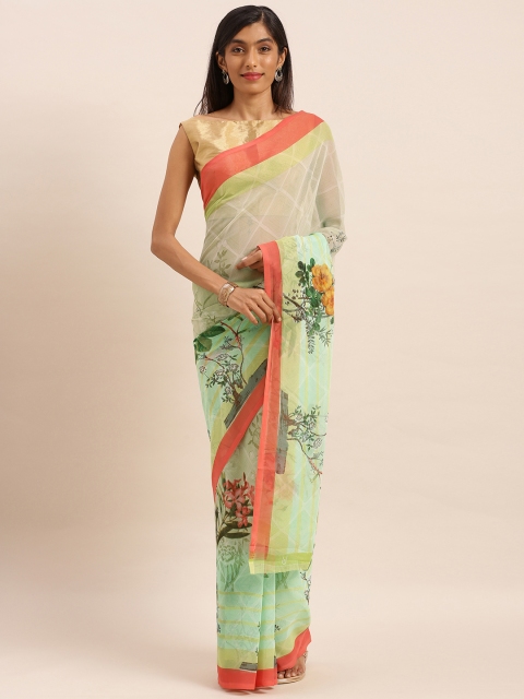 

KALINI Sea Green & Orange Pure Chiffon Printed Saree