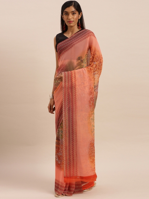 

KALINI Peach-Coloured & Orange Pure Chiffon Printed Saree