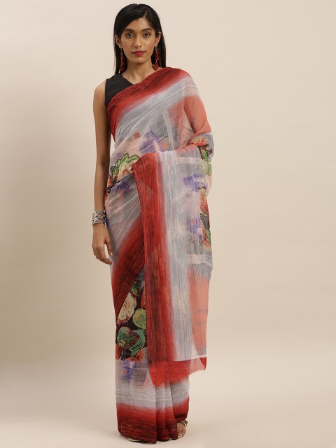 

KALINI Pink & Red Pure Chiffon Floral Printed Saree