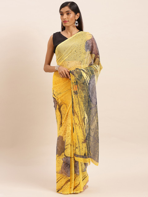 

KALINI Yellow & Grey Pure Georgette Floral Printed Saree