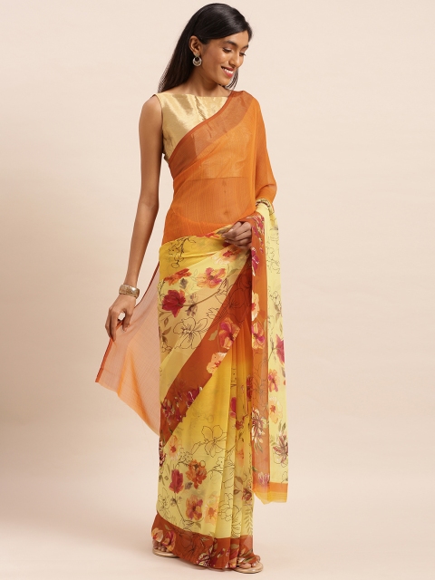 

KALINI Yellow & Peach-Coloured Pure Chiffon Printed Saree