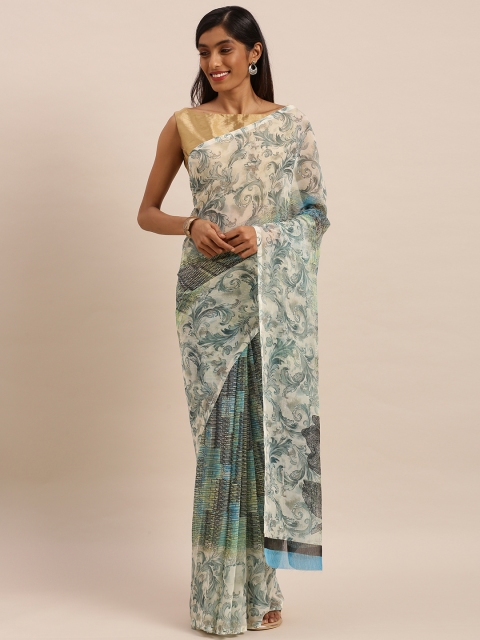 

KALINI Turquoise Blue & White Pure Chiffon Floral Printed Saree