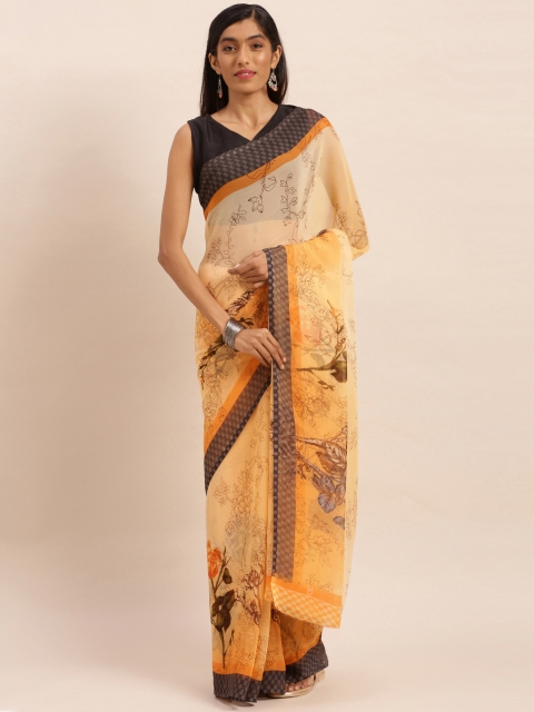 

KALINI Yellow & Grey Pure Chiffon Floral Printed Saree