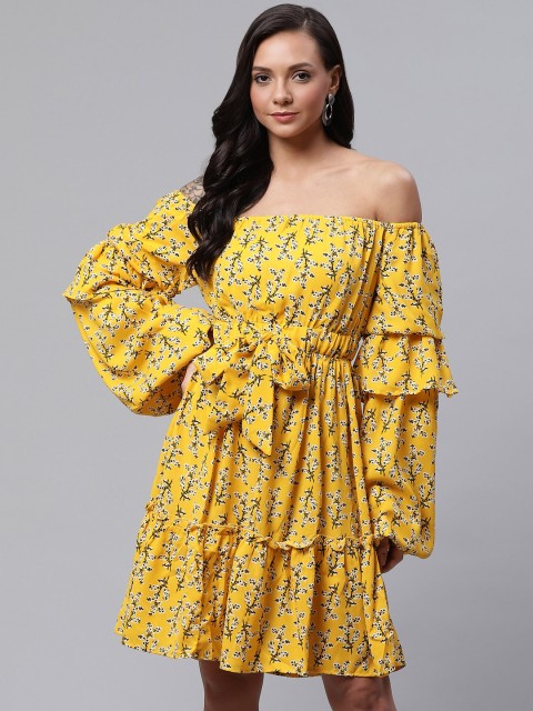 

ATRAENTA Women Mustard Yellow Floral Print Off-Shoulder A-Line Dress