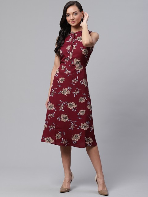 

ATRAENTA Women Maroon & Beige Floral Print A-Line Dress