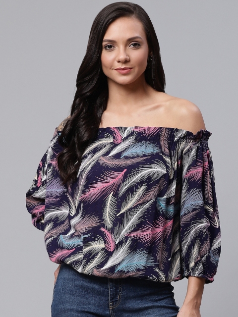 

ATRAENTA Women Navy Blue & Pink Feather Print Bardot Top