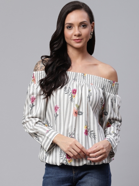 

ATRAENTA Women Off-White & Grey Smocked Striped Bardot Top