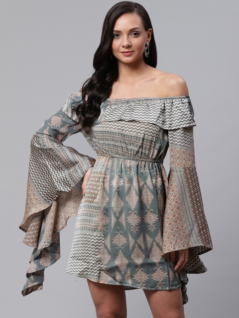 

ATRAENTA Women Green & Beige Printed Off-Shoulder A-Line Dress