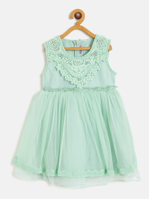 

KidsDew Girls Mint Green Lace-Work Net Layered Fit & Flare Dress