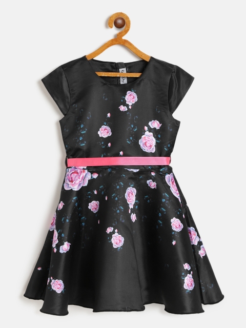 

KidsDew Girls Black & Pink Floral Printed Fit and Flare Dress With Belt
