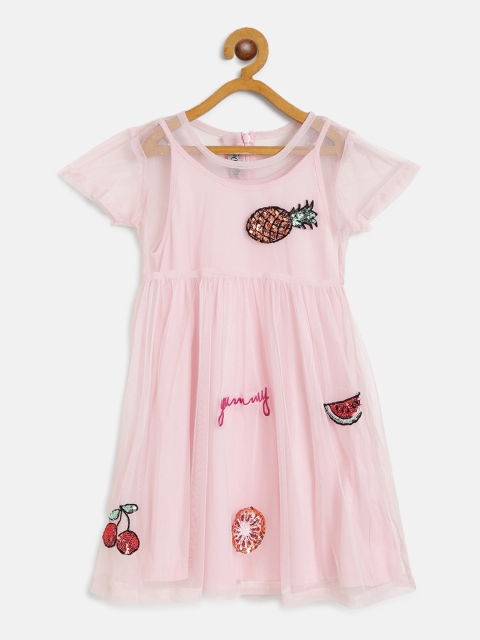 

KidsDew Girls Pink Applique Semi Sheer Net Layered A-Line Dress