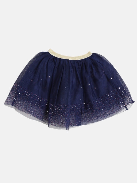 

KidsDew Girls Navy Blue Sequinned & Woven Design Net Layered Flared Skirt
