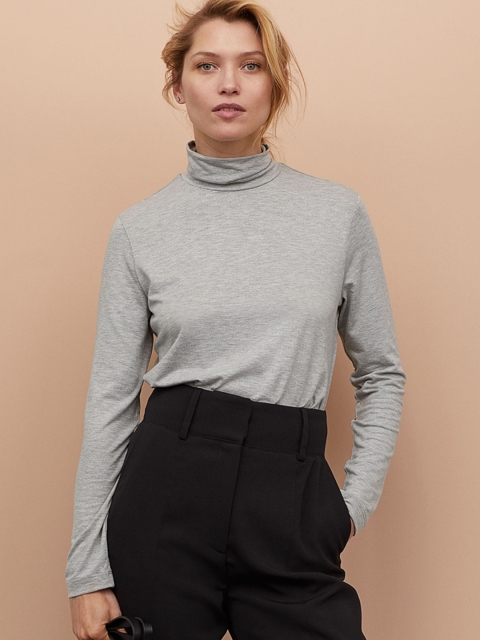 

H&M Women Grey Solid Polo-Neck Top