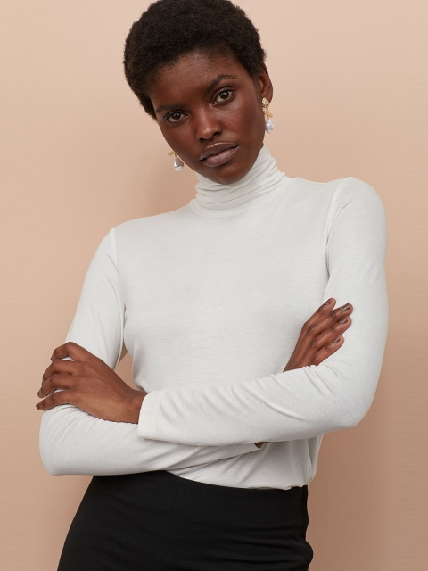 

H&M Women White Solid Polo-Neck Top