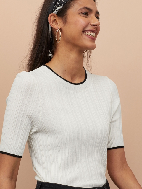 

H&M Women White Ribbed viscose-blend top