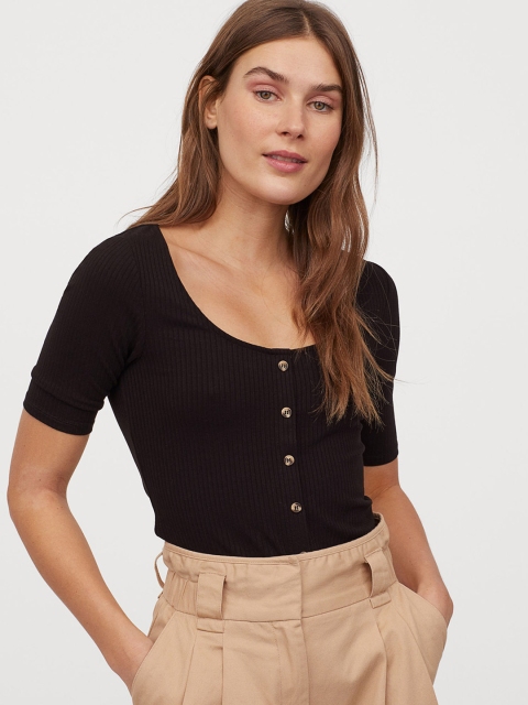 

H&M Women Black Solid Scoop-Necked Top