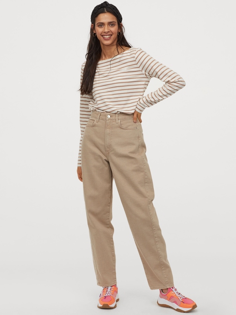 

H&M Women Beige Striped Boat-Necked Top