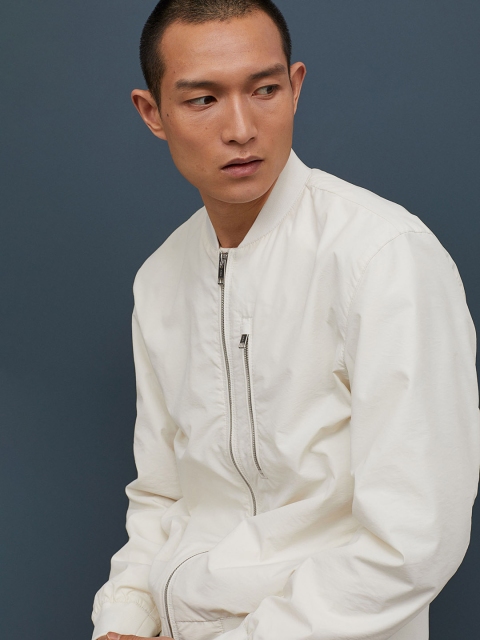 

H&M Men White Solid Nylon-Blend Bomber Jacket