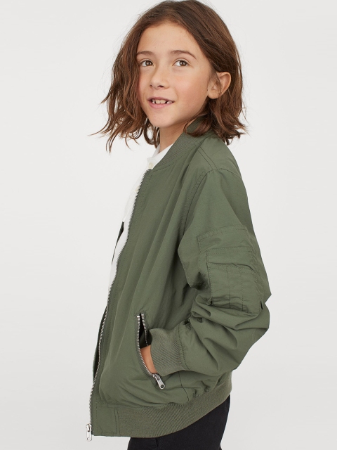 

H&M Boys Green Solid Nylon Bomber Jacket