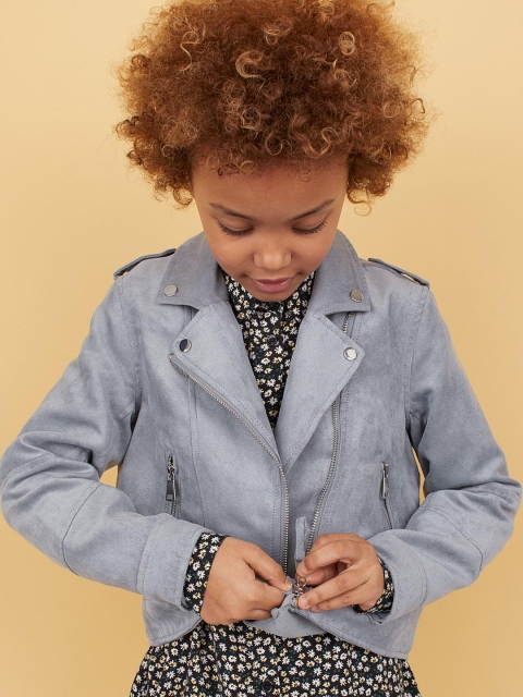 

H&M Girls Grey Solid Imitation Suede Biker Jacket