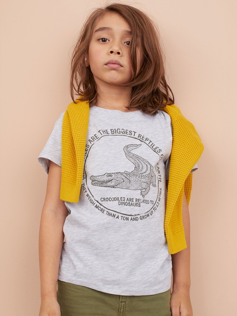 

H&M Boys Grey Melange Printed Round Neck Cotton T-shirt