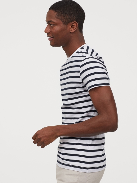 

H&M Men White & Black Striped Round-neck T-shirt Muscle Fit