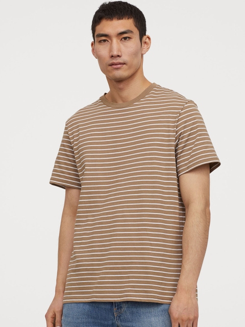 

H&M Men Beige Striped Round-Neck T-shirt Regular Fit