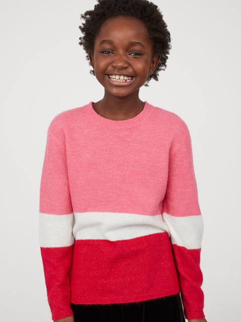 

H&M Girls Pink & Red Colourblocked Fine-Knit Jumper