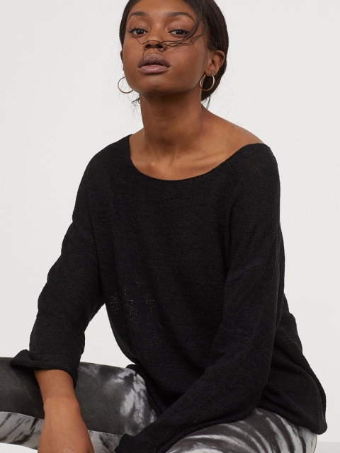 

H&M Women Black Acrylic Solid Loose-Knit Acrylic Jumper