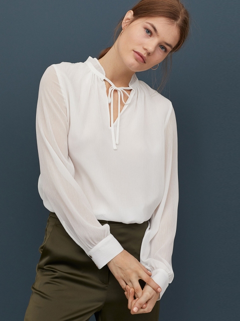 

H&M Women White Solid Pleated-Collar Blouse