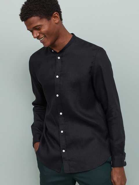 

H&M Men Black Linen Grandad Shirt